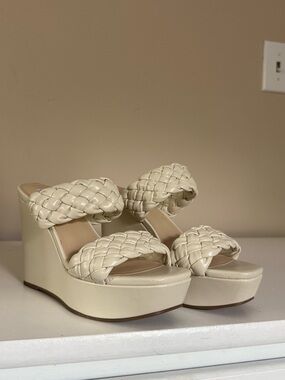 Nine West Braided Strap Platform Wedge Sandals in Cream